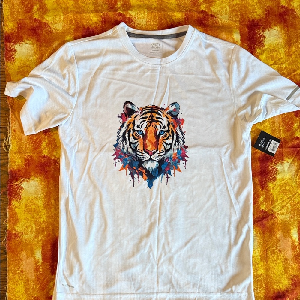 Athletic Works White Men's Tee with sublimation Colorful Tiger Graphic